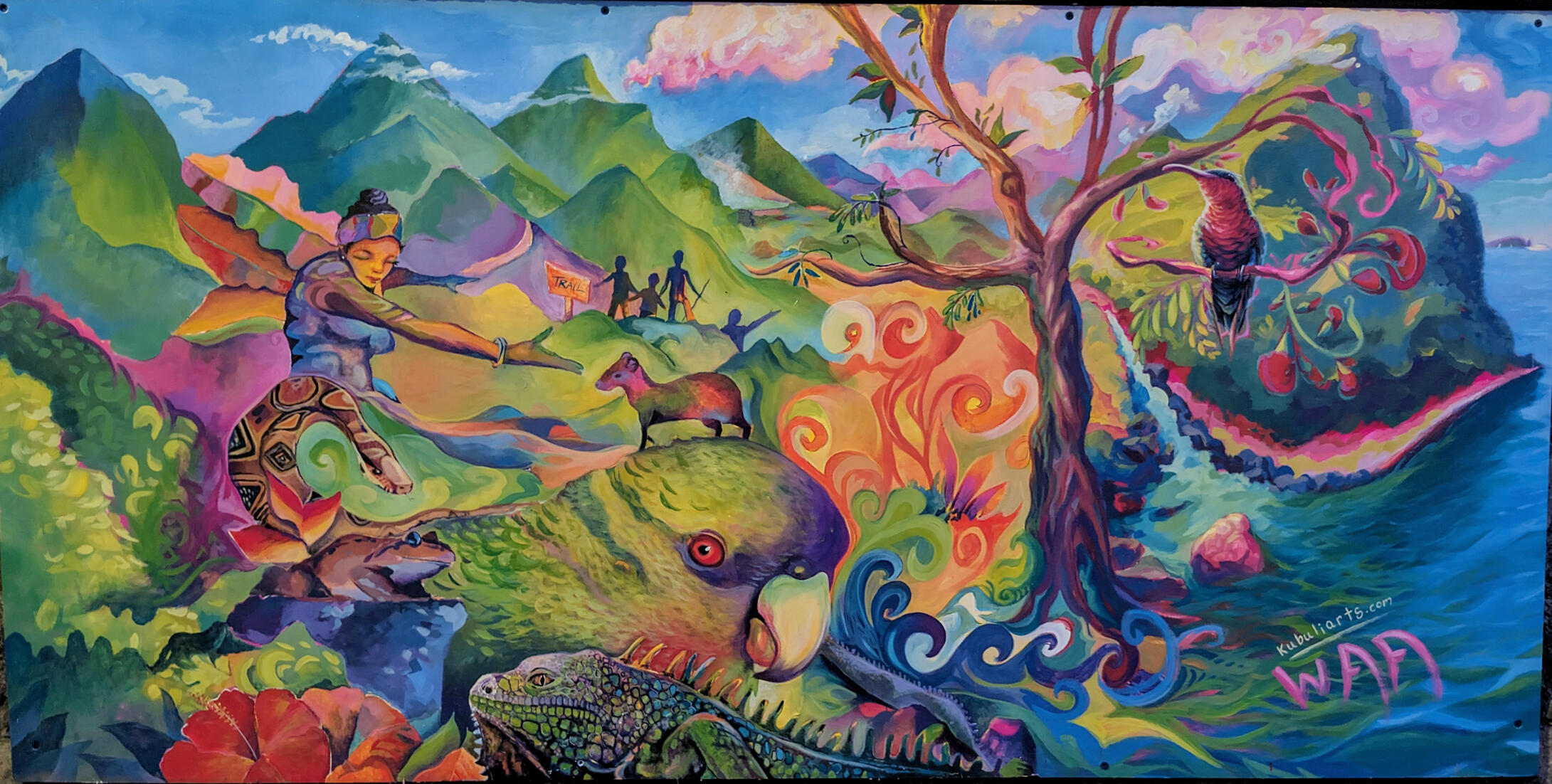 A collaborative effort commissioned by the Government of Dominica, Done by three artists, myself, Lowell Royer, and Hilroy Fingal. The mural was split into thirds, and each artist worked together to bring the concept to life. I was assigned the left third.